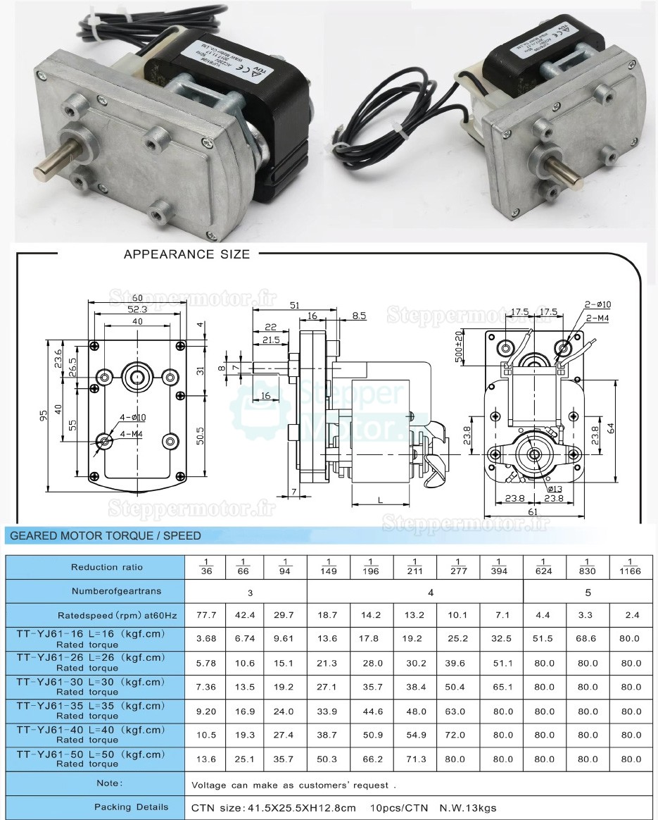 Motor&eacute;ducteur &agrave; p&ocirc;les ombrag&eacute;s TT-YJ61 AC 110/220 V avec r&eacute;ducteur &agrave; arbre parall&egrave;le 36:1 &agrave; 1161:1